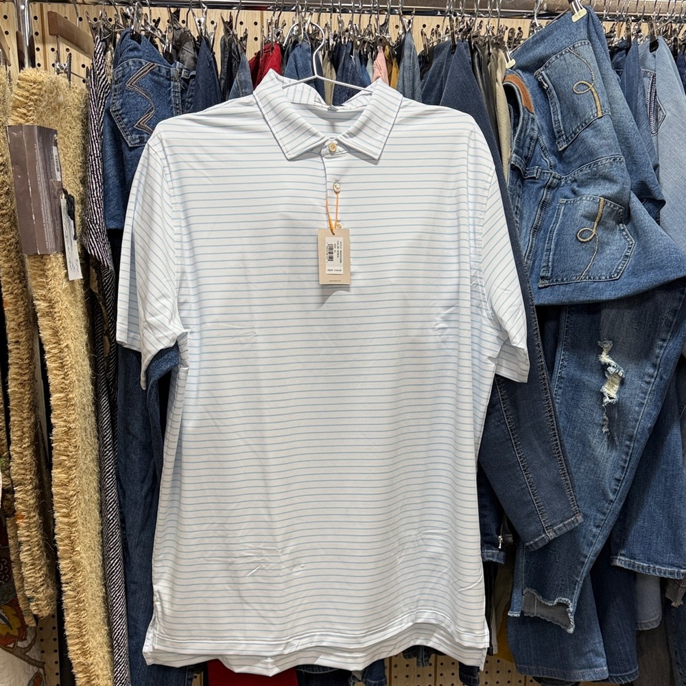 Peter Millar White Polo with Light Blue Microstripes